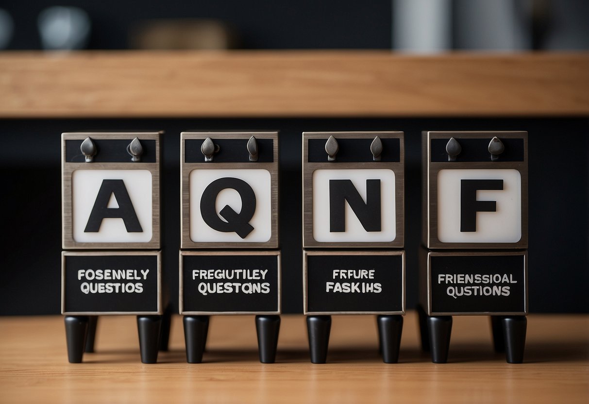 Four square furniture legs arranged neatly in a row. A small sign reads "Frequently Asked Questions" above them