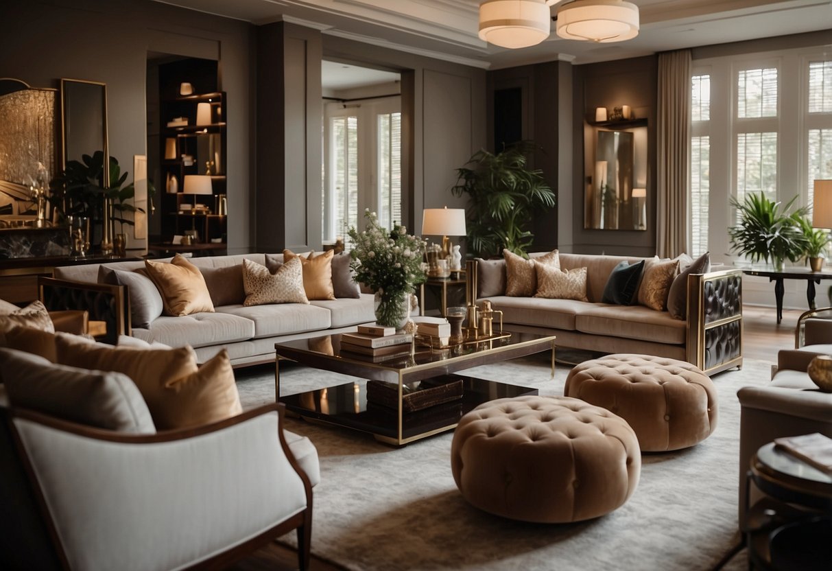 A spacious living room filled with high-end furniture, including plush sofas, elegant coffee tables, and luxurious accent chairs. Rich fabrics and intricate details adorn the pieces, creating a sophisticated and inviting atmosphere