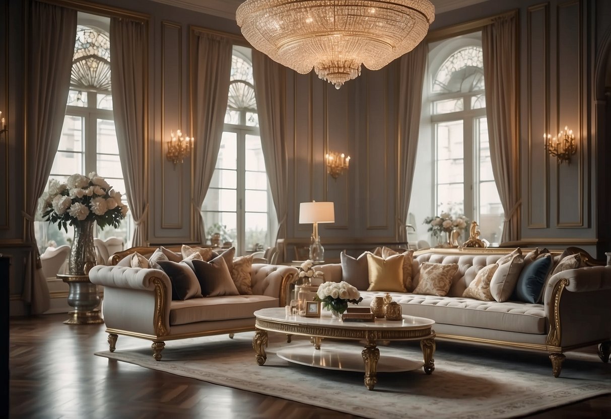 A grand, opulent living room filled with luxurious furniture from top brands, showcasing elegant sofas, ornate coffee tables, and exquisite lighting fixtures