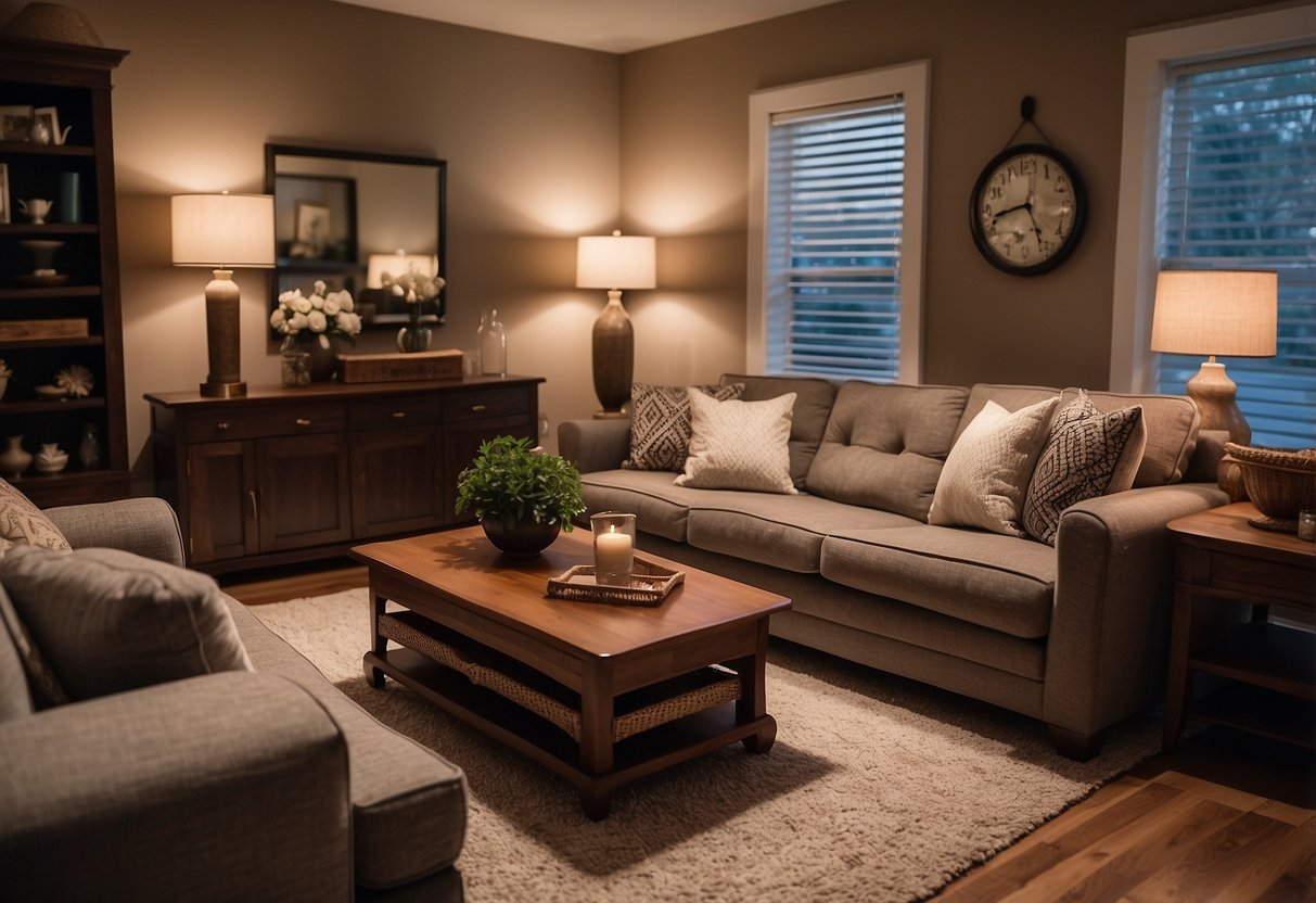 A cozy living room with a plush sofa, coffee table, and bookshelf, all from Marshalls furniture. Warm lighting and decorative accents complete the inviting space