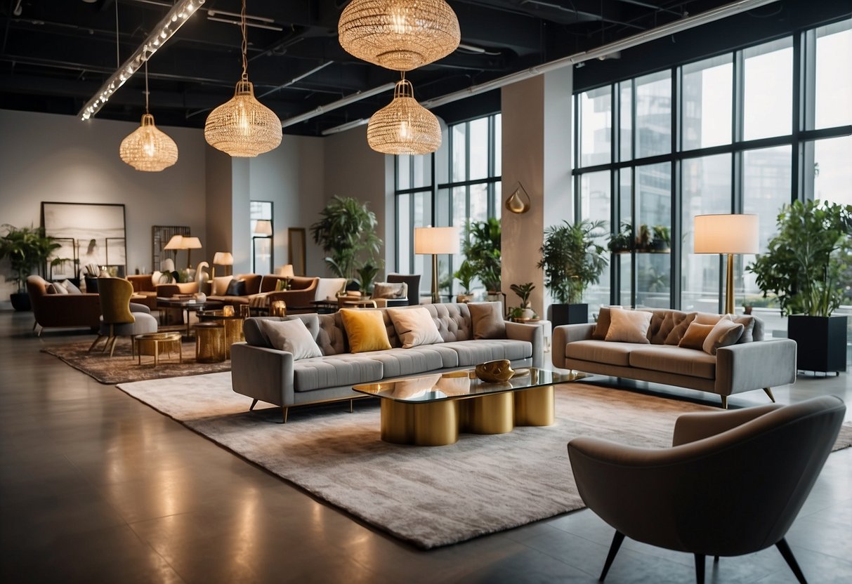 A spacious showroom filled with modern and classic furniture pieces. Bright lighting highlights the rich textures and colors of the collection