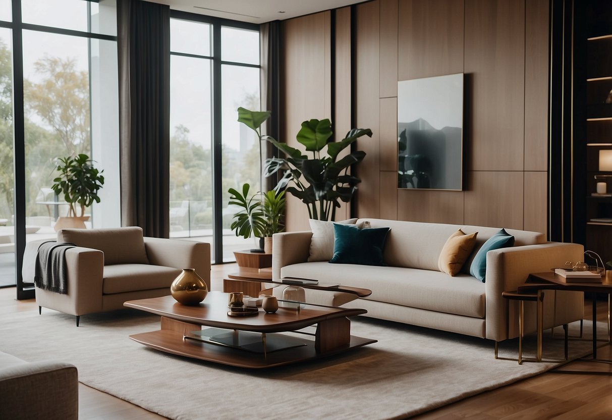 A sleek, modern living room filled with high-end furniture made from sustainable materials, showcasing a blend of luxury and environmental consciousness