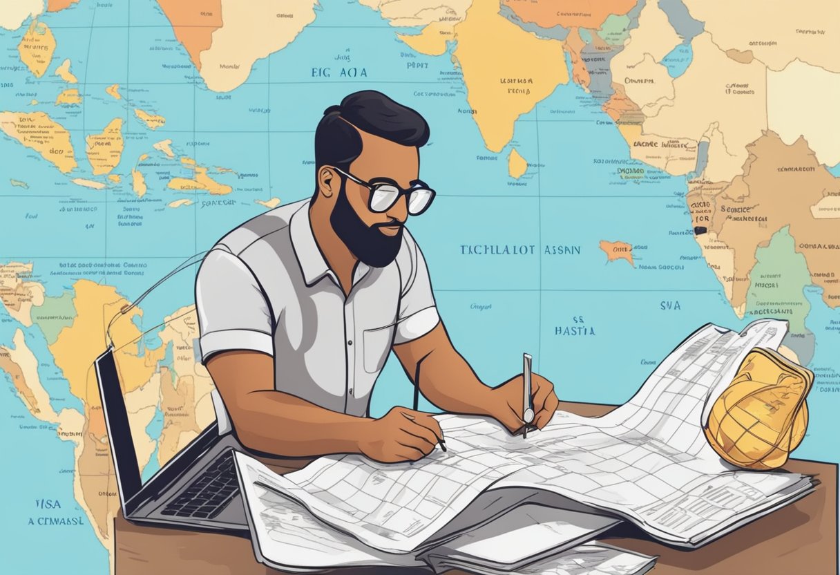 A traveler researching visa regulations for visiting Goa, with a map and passport in hand