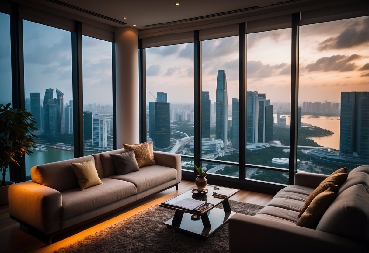A cozy living room with modern furniture, warm lighting, and a view of the Singapore skyline through the window