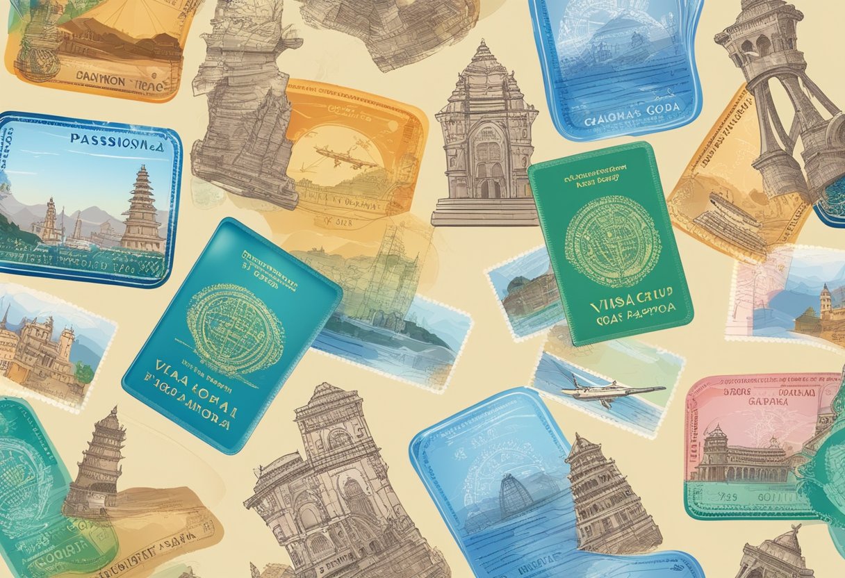 A passport with visa stamps for visiting Goa, India. Various types of visas displayed with Goa's famous landmarks in the background