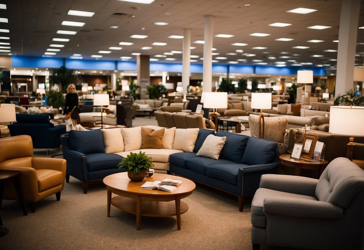 Customers browsing furniture aisles at Marshalls, examining sofas, chairs, and tables. Bright lighting and neatly arranged displays create a welcoming atmosphere