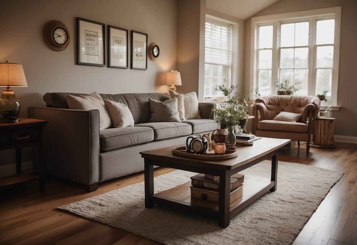 A cozy living room with a sofa, coffee table, and bookshelf. A dining area with a table and chairs. A bedroom with a bed, nightstand, and dresser