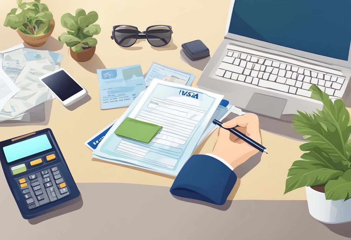 A person filling out a visa application form for a trip to Goa, with a passport, pen, and travel documents on a desk