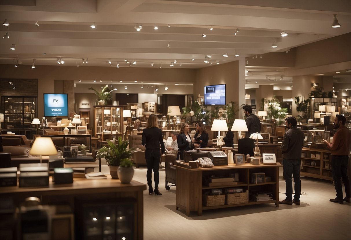 A busy furniture store with customers browsing, signs indicating "Frequently Asked Questions" and staff assisting
