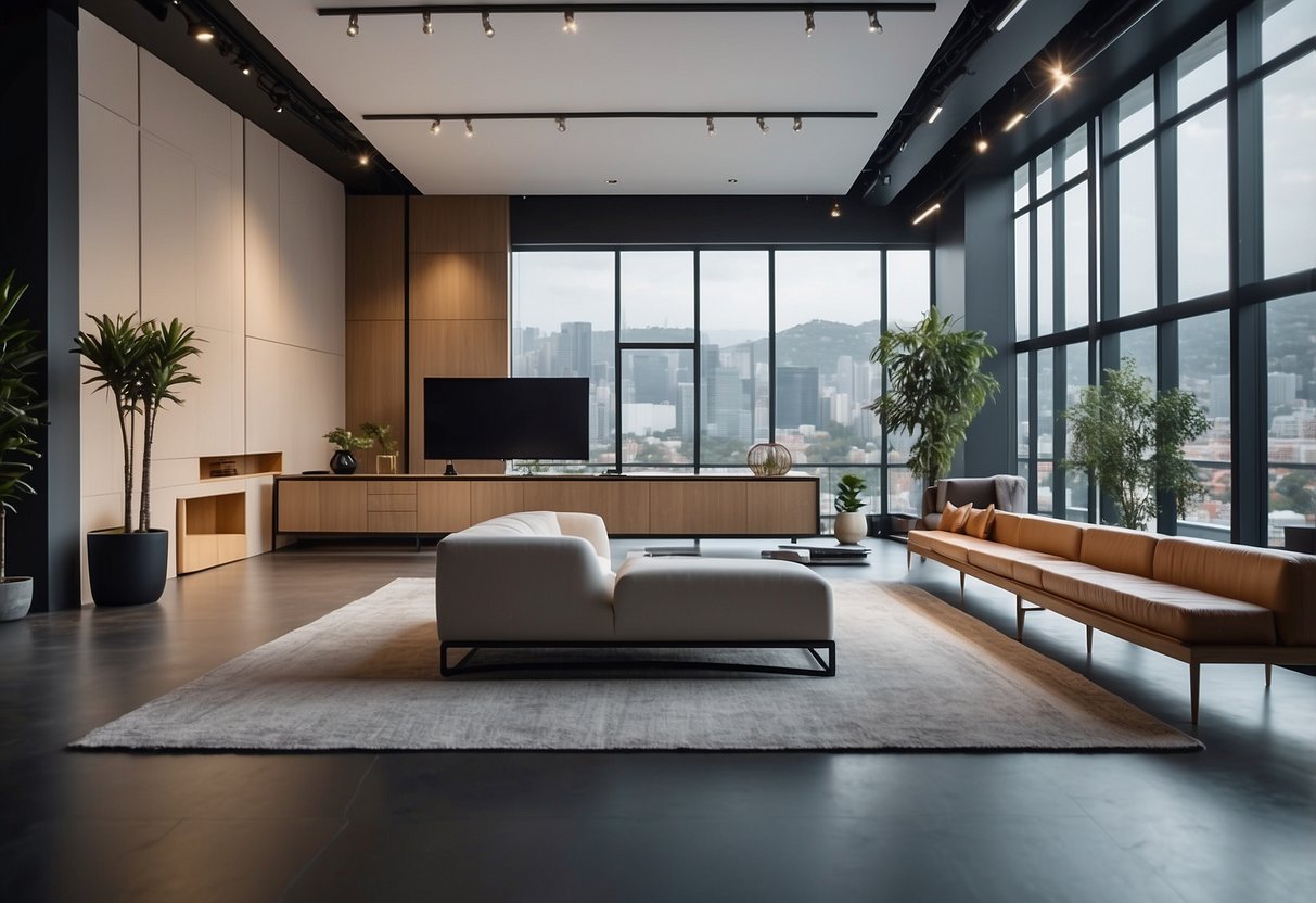 A spacious showroom with modern furniture displays, bright lighting, and a sleek, minimalist design