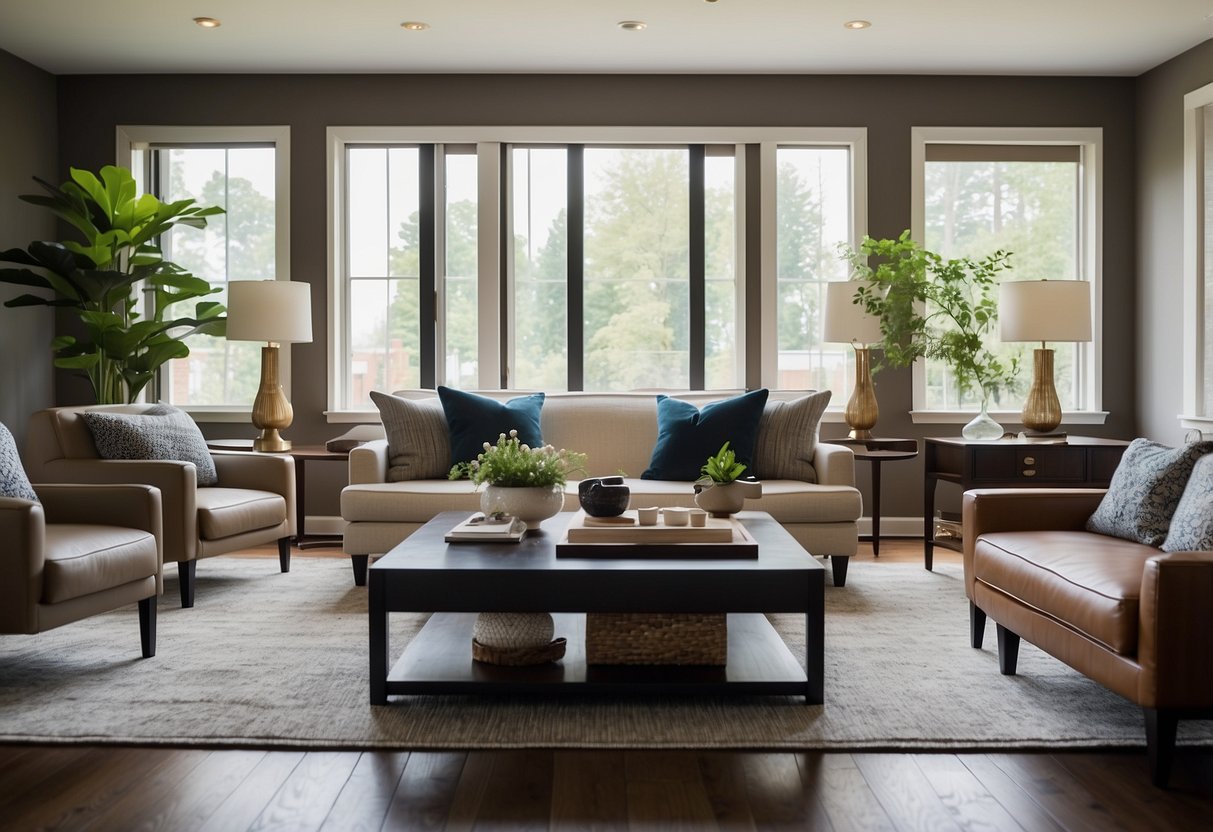 A cozy living room with modern Stuart Scott furniture arranged in a symmetrical layout, with a plush sofa, sleek coffee table, and stylish accent chairs