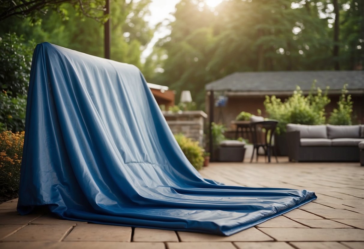 A sturdy tarp is carefully draped over a set of patio furniture, ensuring full coverage and protection from the elements