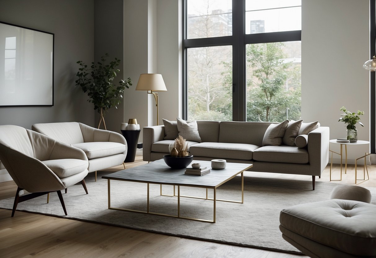 A modern living room with sleek, minimalist furniture from Stuart Scott. Clean lines, neutral colors, and iconic pieces create a sophisticated and timeless space