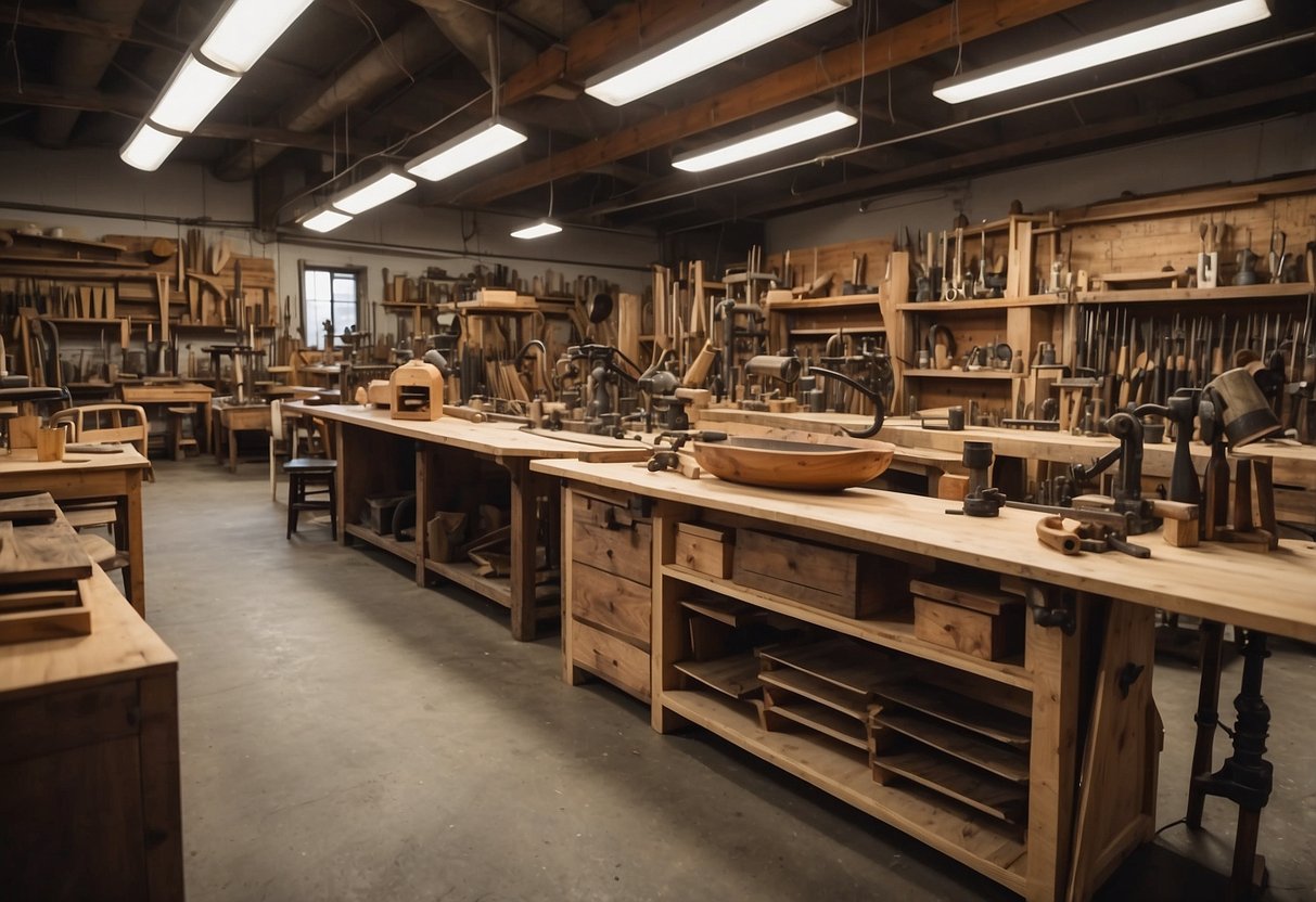 Stuart Scott's furniture workshop is filled with handcrafted pieces, tools, and raw materials. The space exudes a sense of precision and dedication to quality craftsmanship