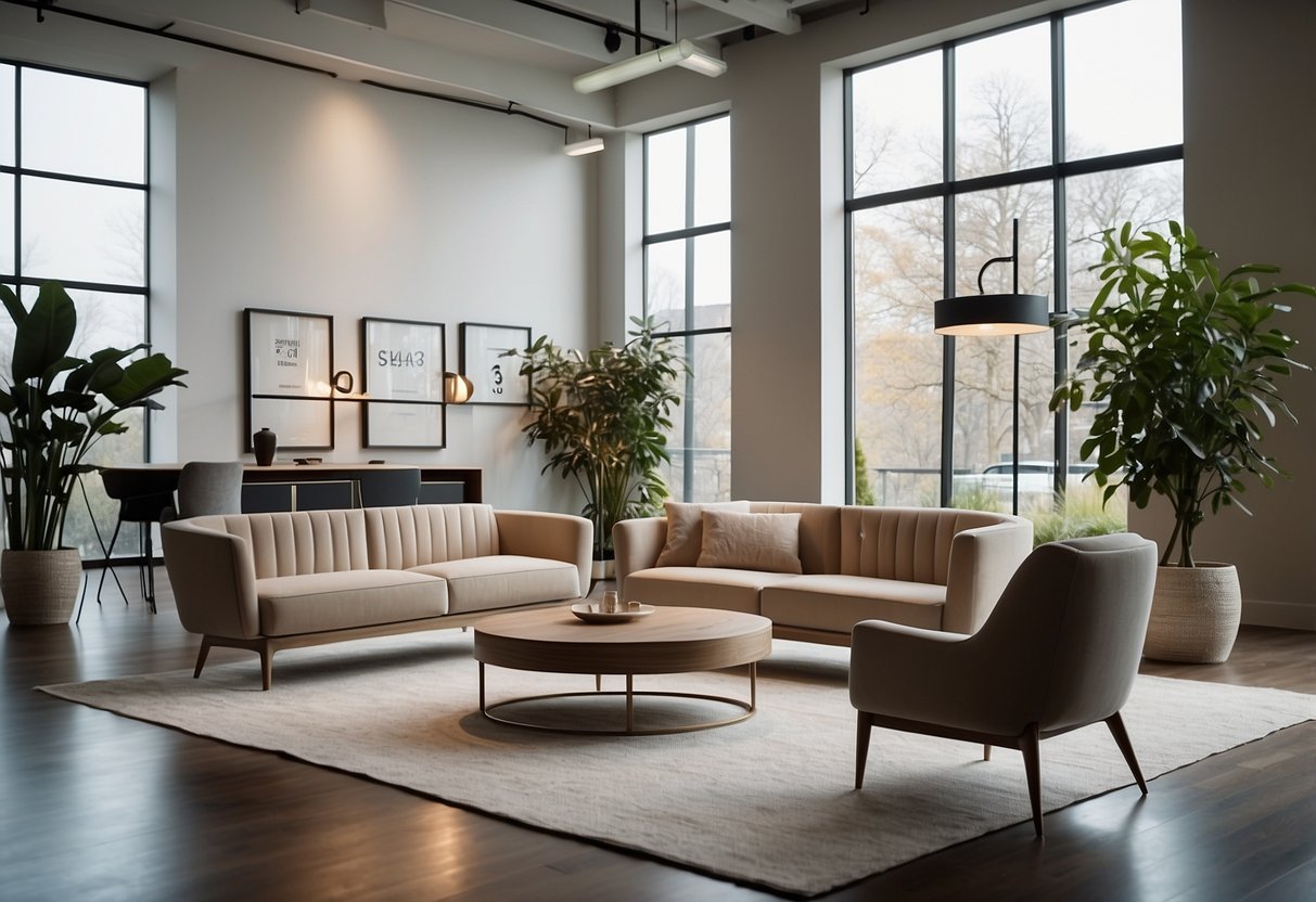 A modern, minimalist furniture showroom with sleek designs and clean lines. A sign with "Frequently Asked Questions" stands out