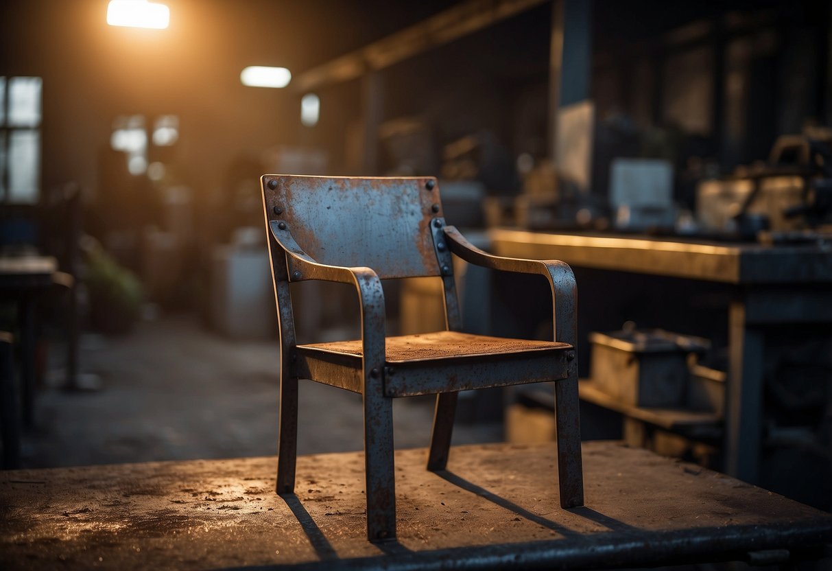 A metal chair sits rusted and worn in a dimly lit workshop. A person uses sandpaper to remove the rust, revealing the shiny metal underneath