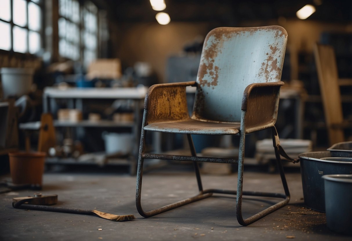 A metal chair sits rusted and weathered in a workshop. A person is sanding the surface, applying primer, and painting it with a brush