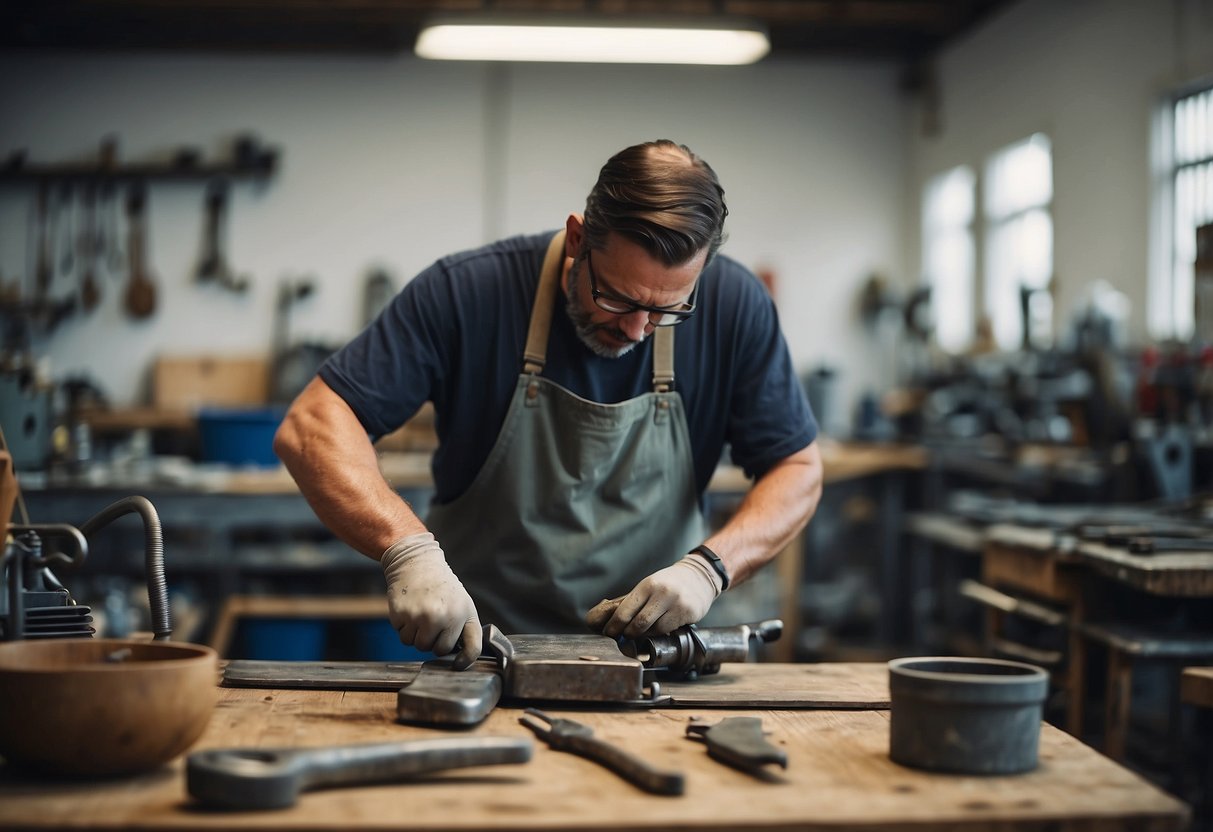 A person restoring metal furniture with tools and supplies in a well-lit workshop