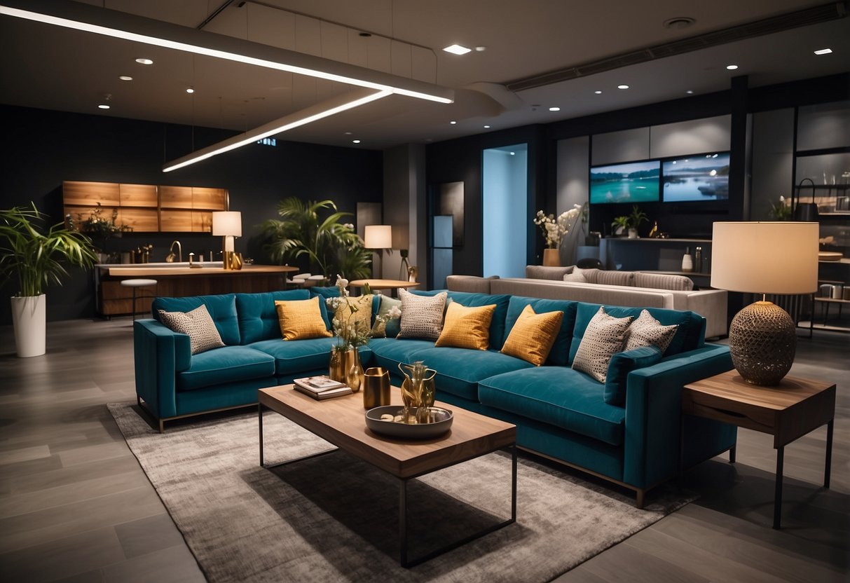 A spacious showroom displays modern furniture in various styles and colors, arranged in inviting room settings