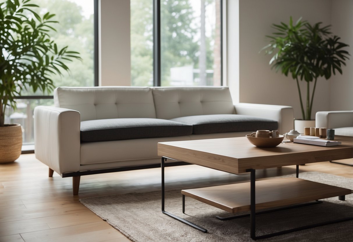 A sleek, modern sofa sits in a bright, airy room. A simple coffee table and clean-lined shelving complete the minimalist furniture set