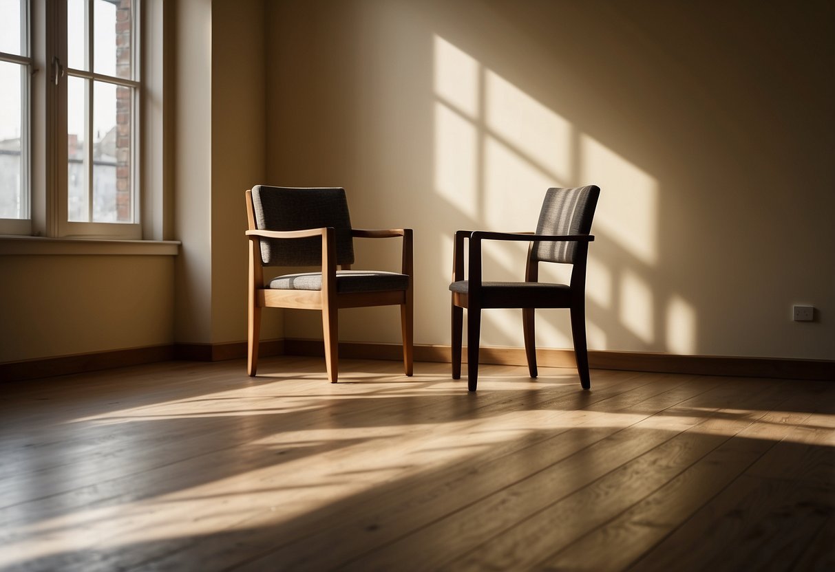 A single chair sits in a sunlit room, casting a shadow on the floor. The chair is simple in design, with clean lines and a neutral color