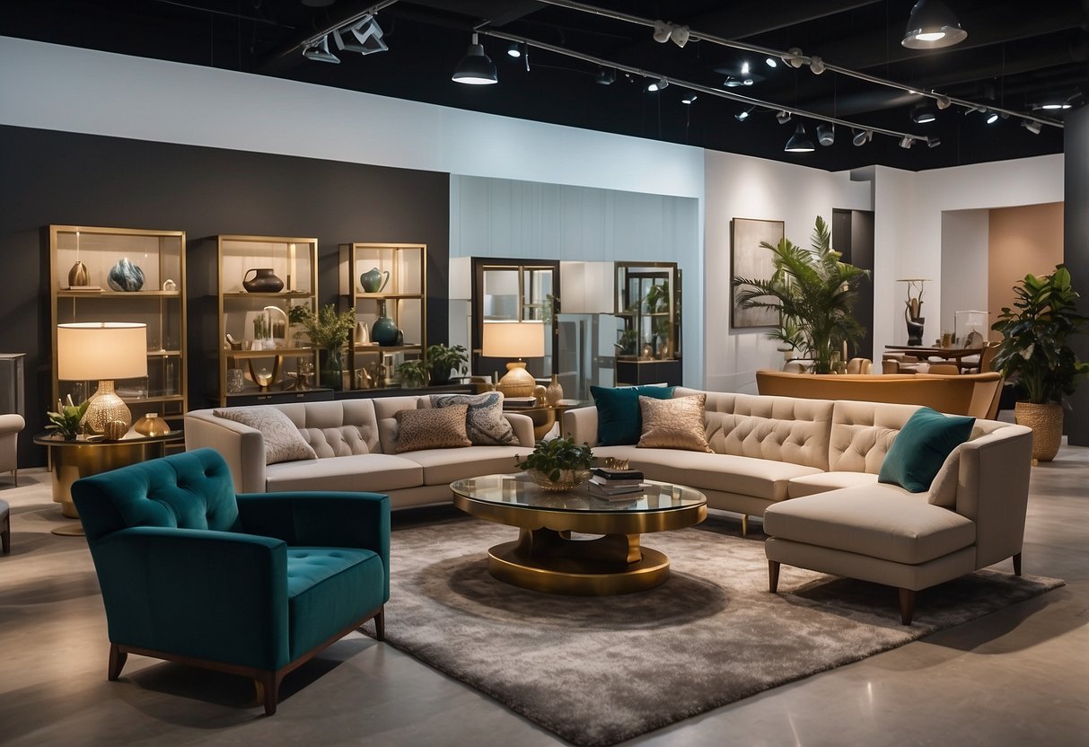 A spacious showroom displays modern and elegant furniture pieces in various styles and colors, arranged in tasteful vignettes