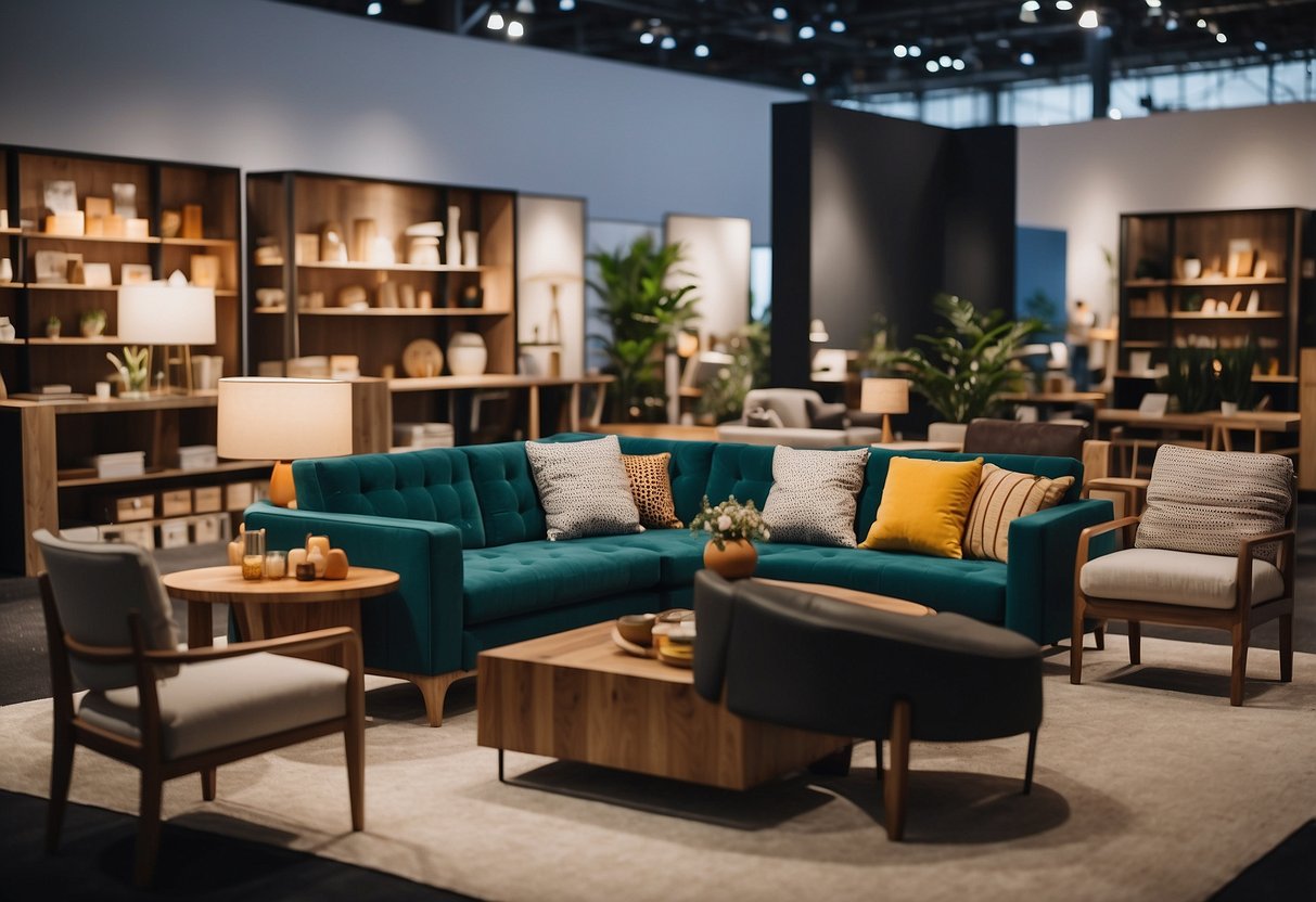 Various furniture suppliers display their products in a bustling trade show, with colorful and modern pieces arranged neatly in their booths