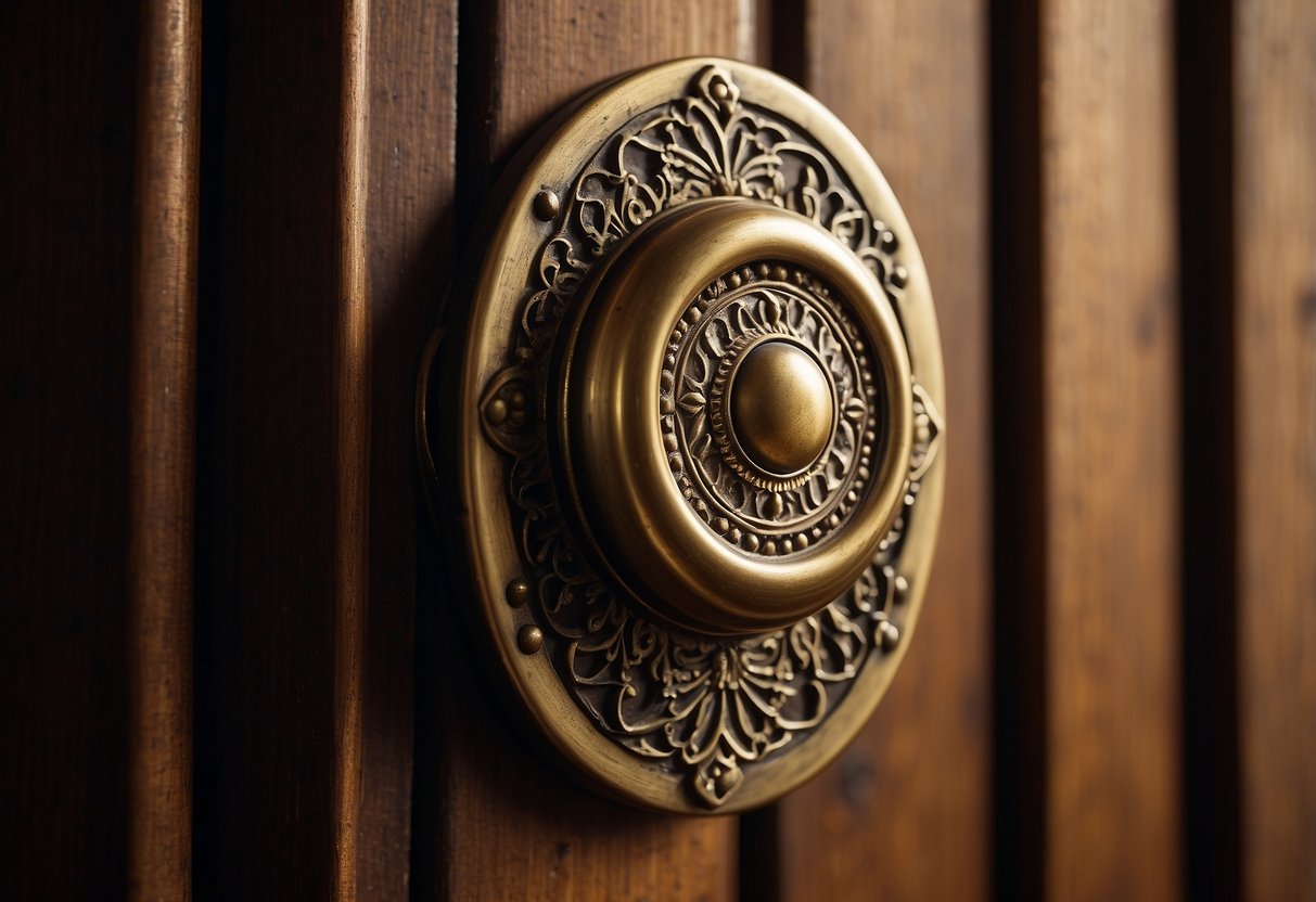 A brass doorknob and ornate keyhole cover adorn a weathered wooden door in a Victorian-era setting