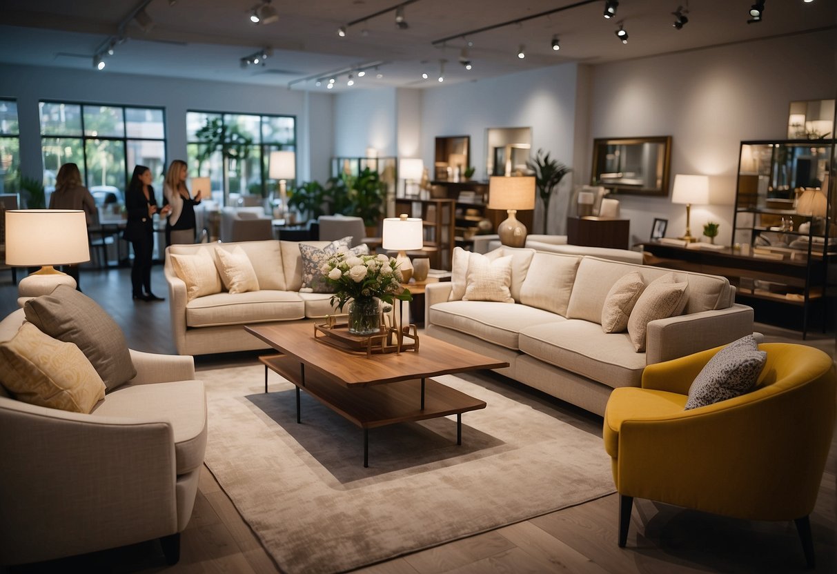 A showroom filled with modern and traditional furniture pieces. A sales representative assists a customer in selecting a sofa. Bright lighting and clean displays create a welcoming atmosphere