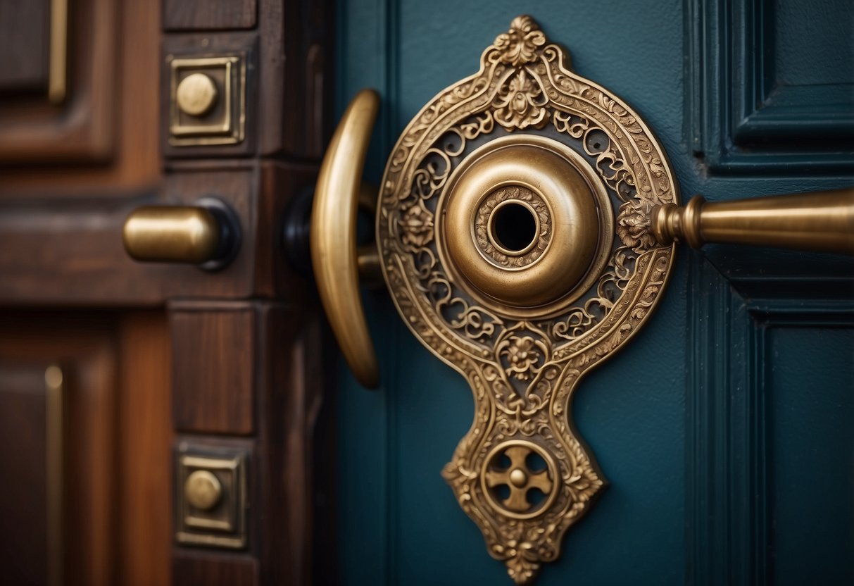 A Victorian door with ornate brass hardware and intricate keyhole cover
