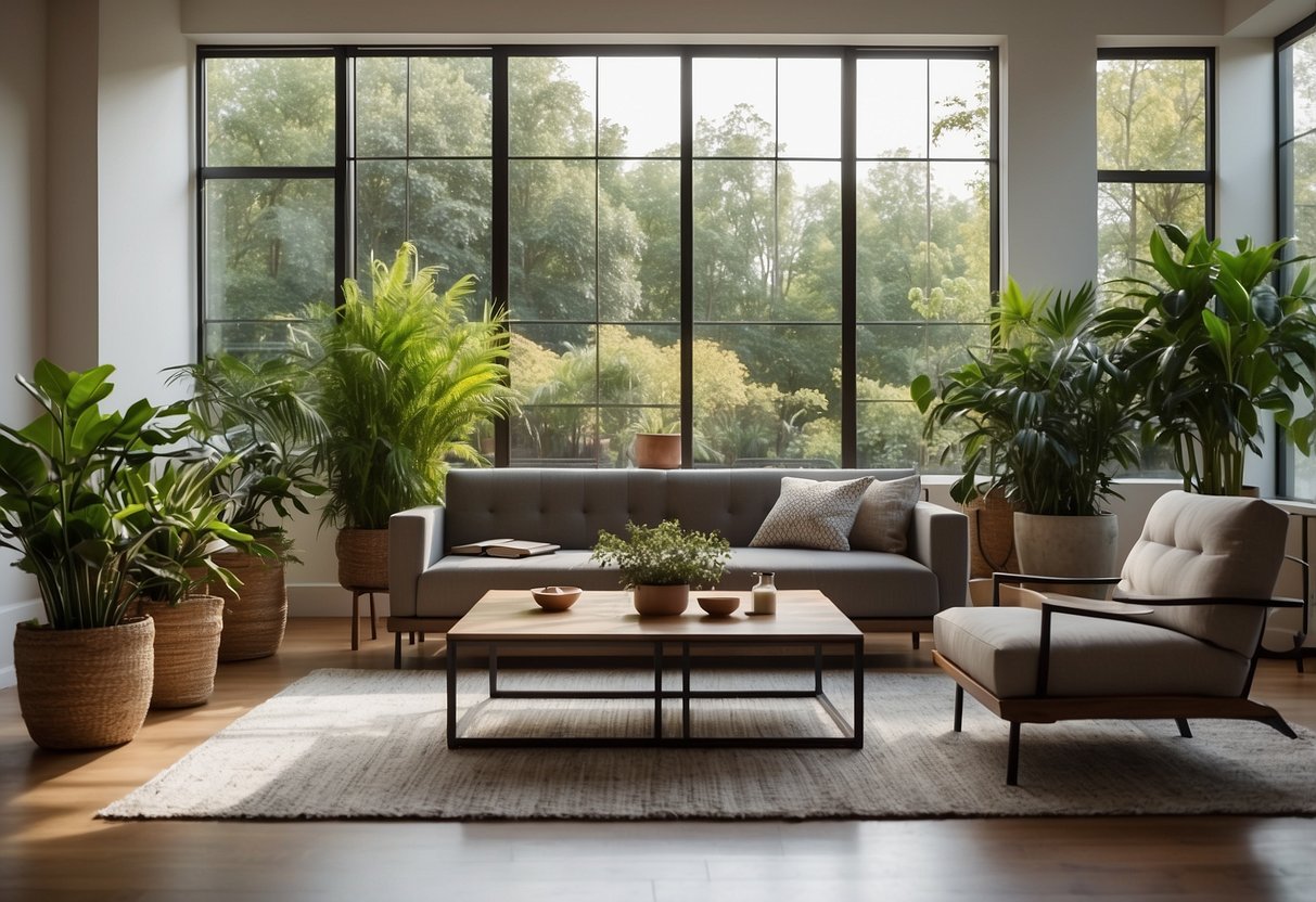 A sleek modern living room with a minimalist sofa, coffee table, and floor lamp, surrounded by large windows and potted plants