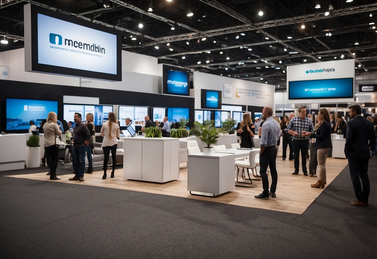 A bustling trade show floor with sleek, modern furniture displays and busy networking conversations. Bright banners and professional signage highlight the potential for business growth