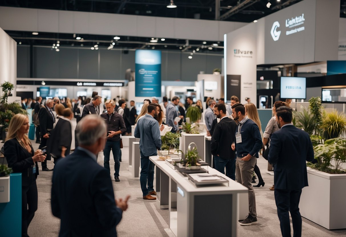 A busy trade show floor with suppliers showcasing furniture. Visitors approach booths, exchanging information and discussing products