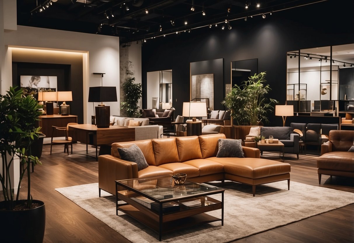 Customers browsing through the showroom, admiring the sleek lines and elegant designs of the furniture. Bright lighting highlights the craftsmanship and attention to detail in each product