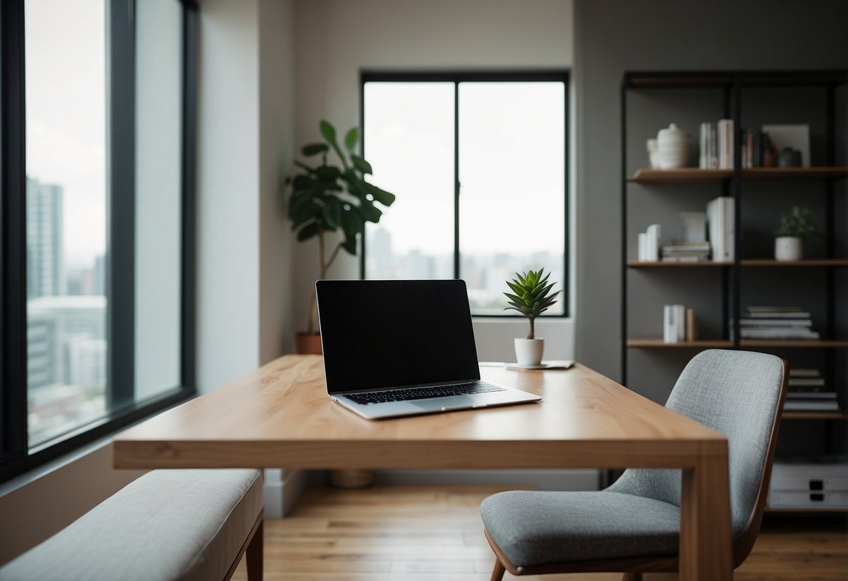 A laptop open on a sleek desk, with a minimalist chair beside it. Clean lines and neutral colors dominate the room