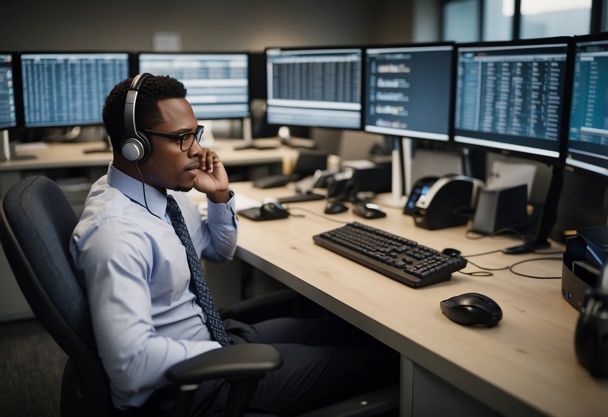 A customer service representative answering phone calls and emails in a busy office, surrounded by stacks of paperwork and a computer screen displaying the company's logo