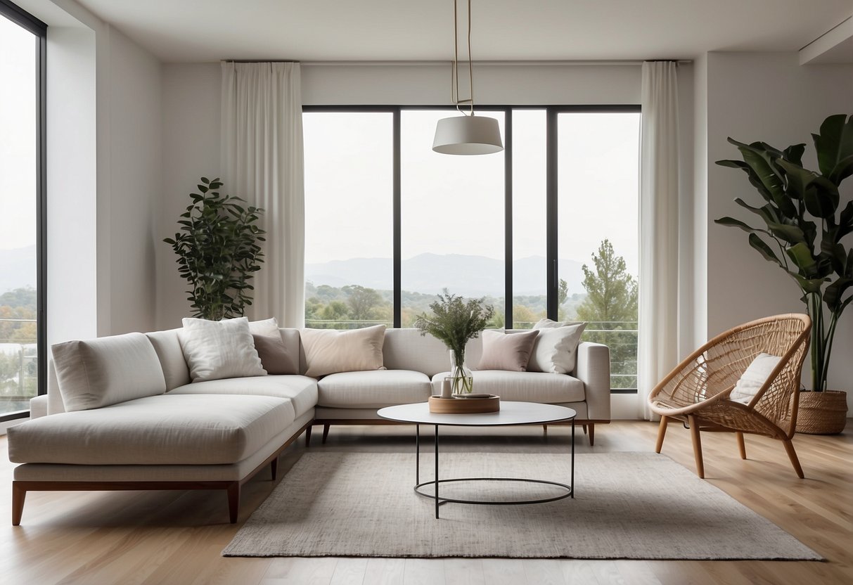 A sleek, modern living room with minimalist furniture arranged in a clean and uncluttered manner. White walls, a few carefully selected pieces of furniture, and plenty of natural light create a serene and inviting space