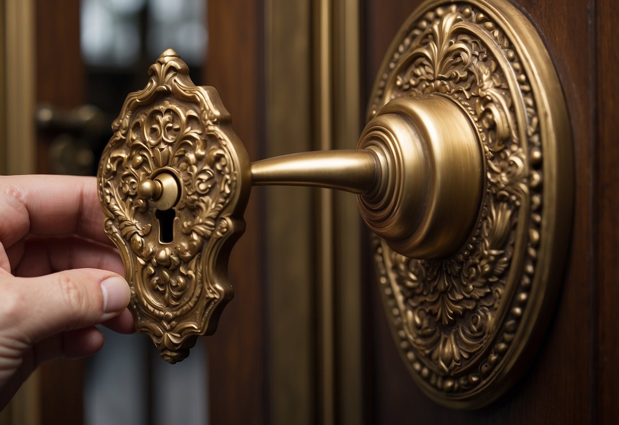 A hand reaches for a polished brass doorknob, while a key turns in an ornate lock. A soft cloth buffs the intricate details of a Victorian door knocker