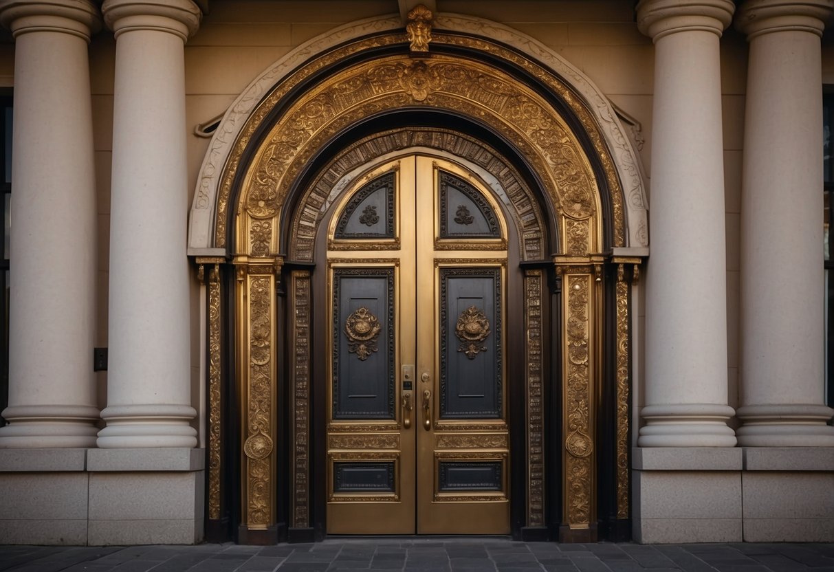 A Victorian door with ornate brass handles and intricate keyhole cover, surrounded by decorative molding and framed by elegant sidelights
