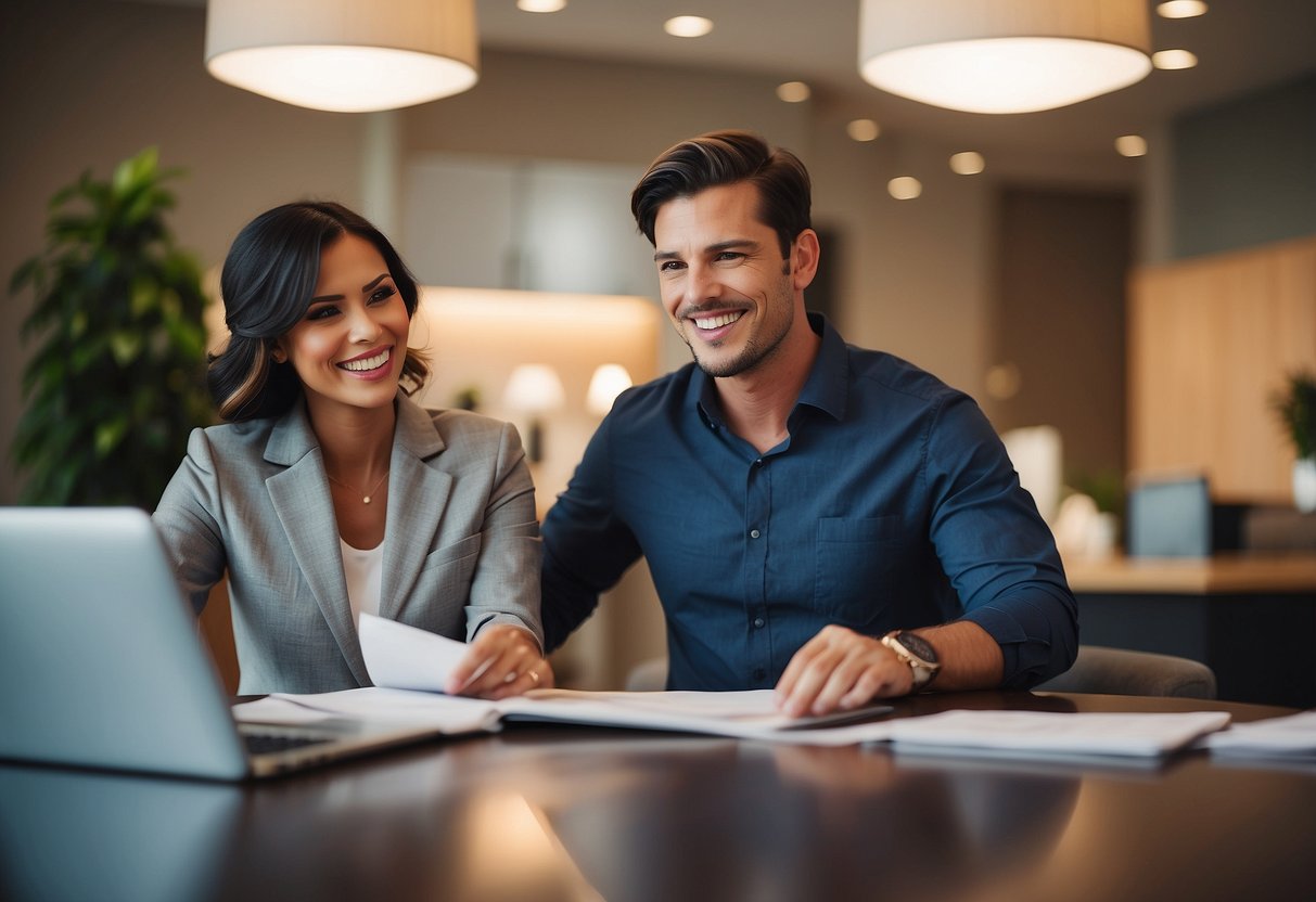 A customer service representative assists a client with furniture selection and care tips