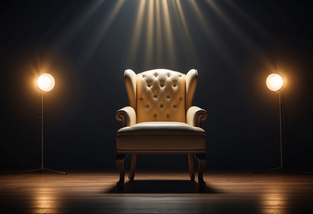 A single chair surrounded by question marks, with a spotlight shining on it