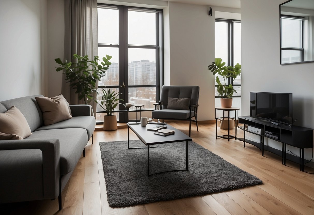 A clean, modern room with sleek, simple furniture. A laptop open to a FAQ page, with minimal decor and clutter-free surroundings