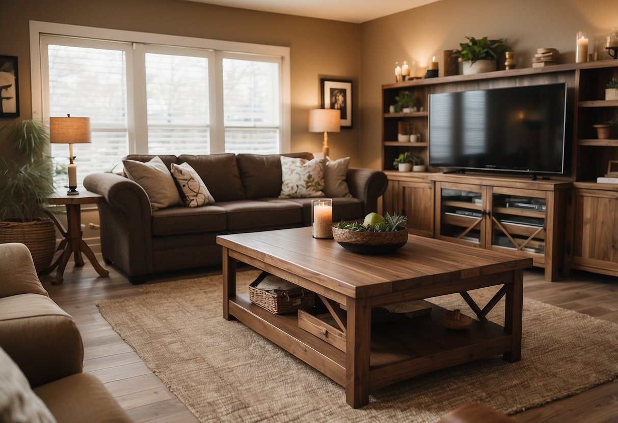 A cozy living room with faux wood furniture, including a coffee table, bookshelf, and TV stand. The warm, rich tones of the faux wood add a touch of natural elegance to the space