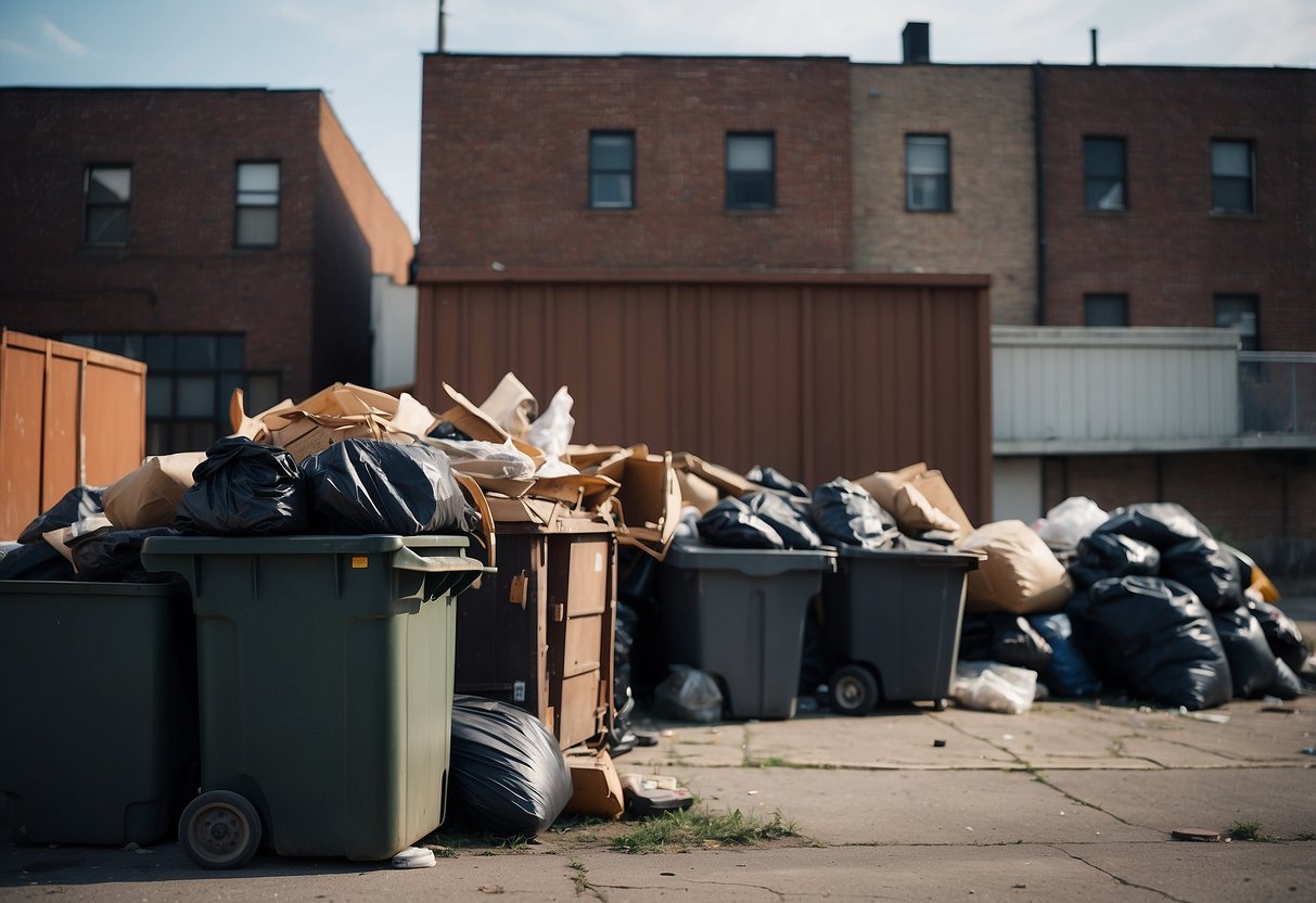 Old furniture piled next to dumpster in an alley. Trash bags and broken items scattered around. Buildings in background