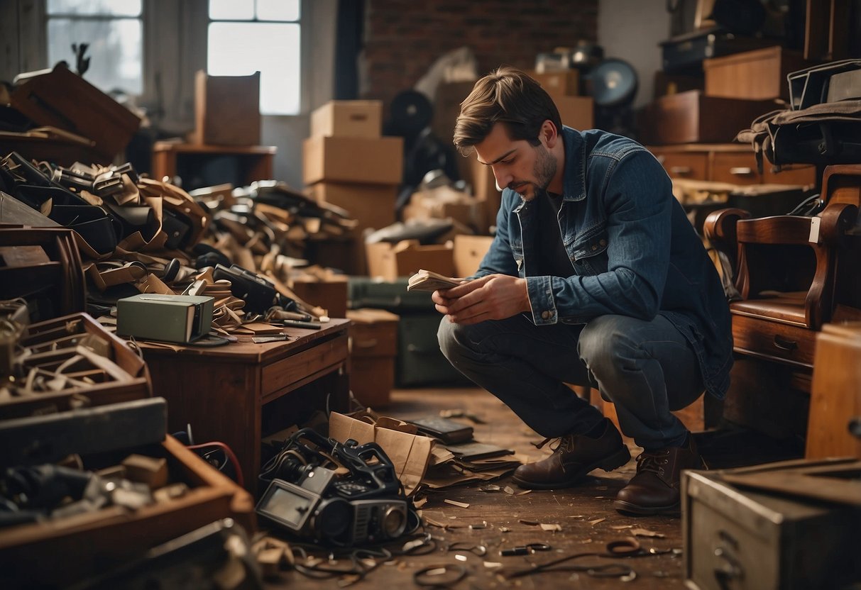 A person examines old furniture in a cluttered room, considering where to dispose of it