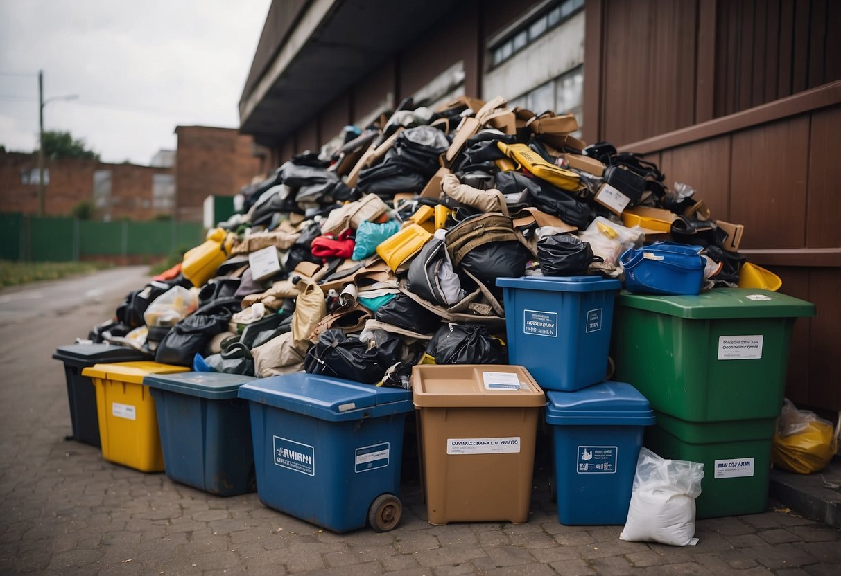 A pile of old furniture sits next to labeled bins for recycling and disposal options