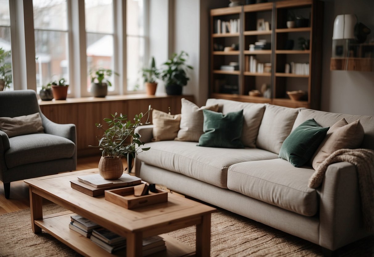 A cozy living room with a Montana furniture range, featuring a sleek coffee table, a comfortable sofa, and a stylish bookshelf