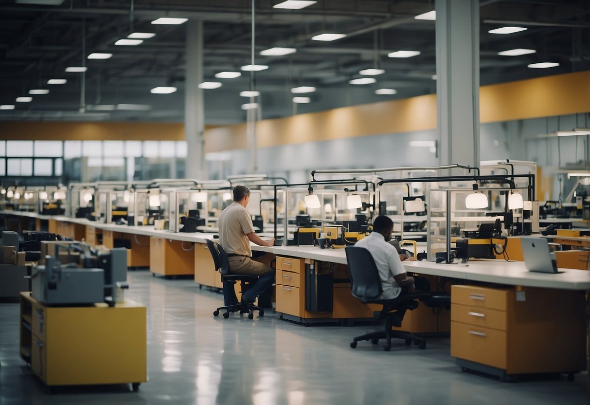 A factory floor with machinery and workers assembling Herman Miller furniture