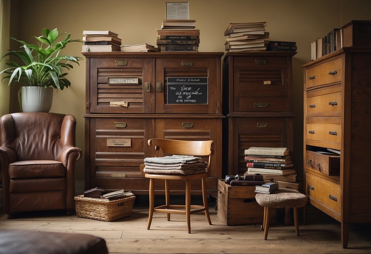 A stack of old furniture sits in a cluttered room, with a sign reading "Frequently Asked Questions: where to throw old furniture" above it
