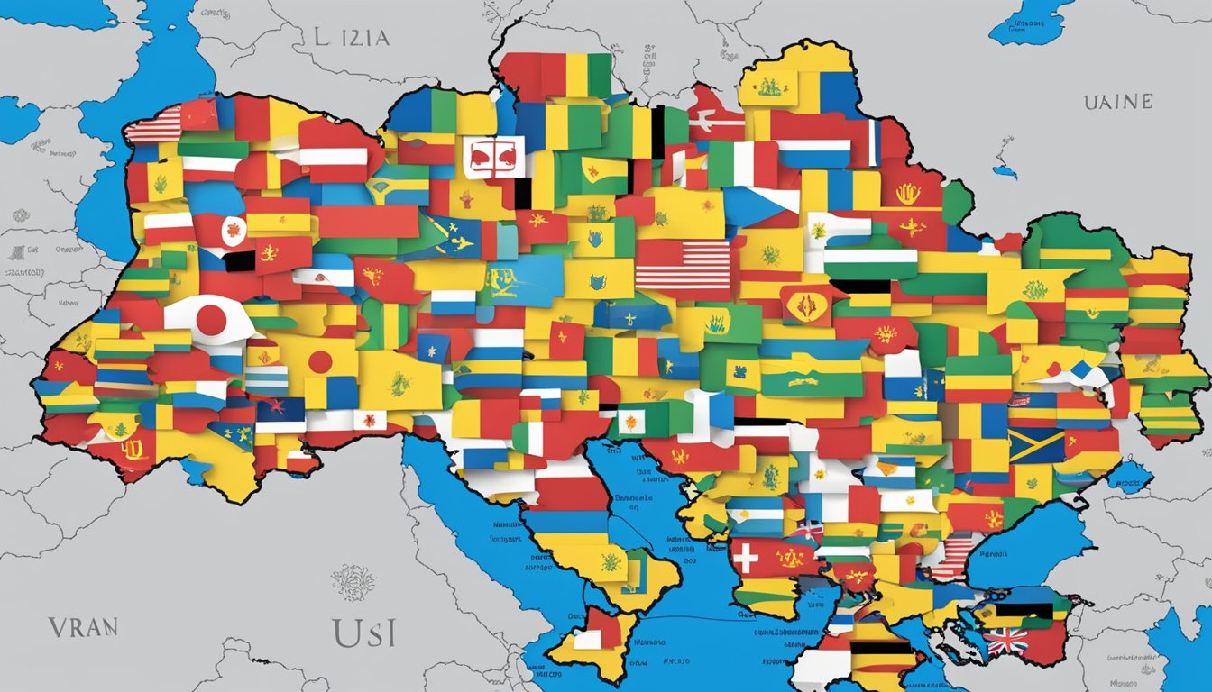 The scene shows a map of Ukraine surrounded by flags of various countries, symbolizing international response to the conflict